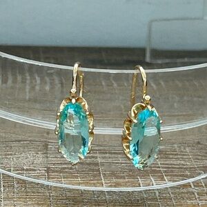 Large Aqua Stone & Gold Tone Earrings